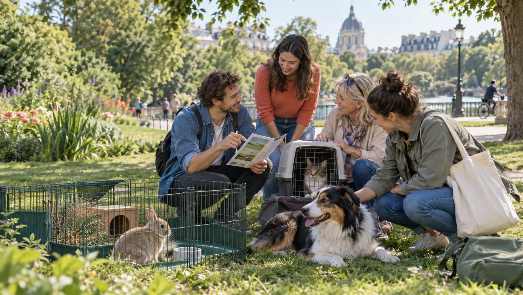 Des passionnés échangent dans un parc avec un chien, un chat et un lapin
